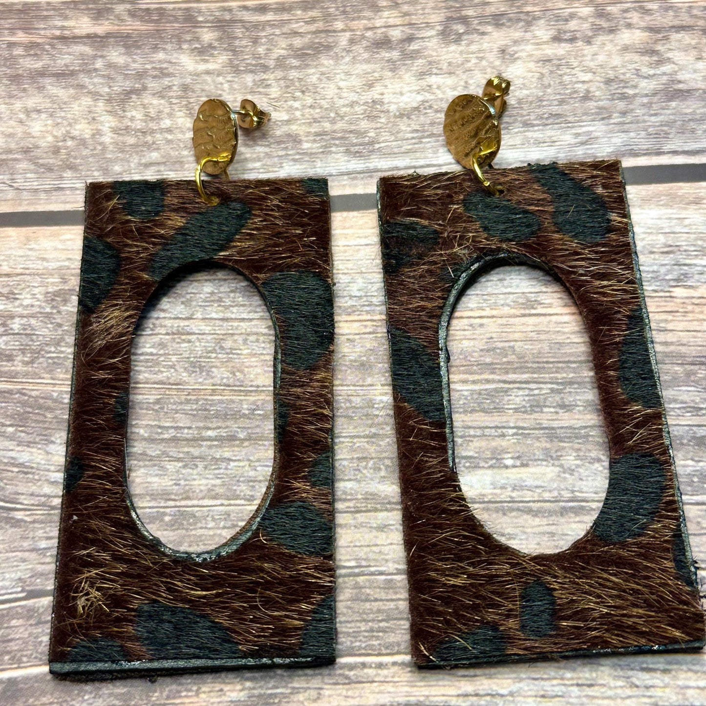 Brown Leopard Print Fur Earrings: Gold Wood Jewelry for Her