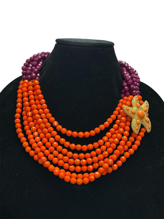 Bold Orange & Purple Beaded Statement Necklace | Starfish Charm | Multi-Strand Chunky Necklace | Handmade Boho Beach Jewelry | Summer