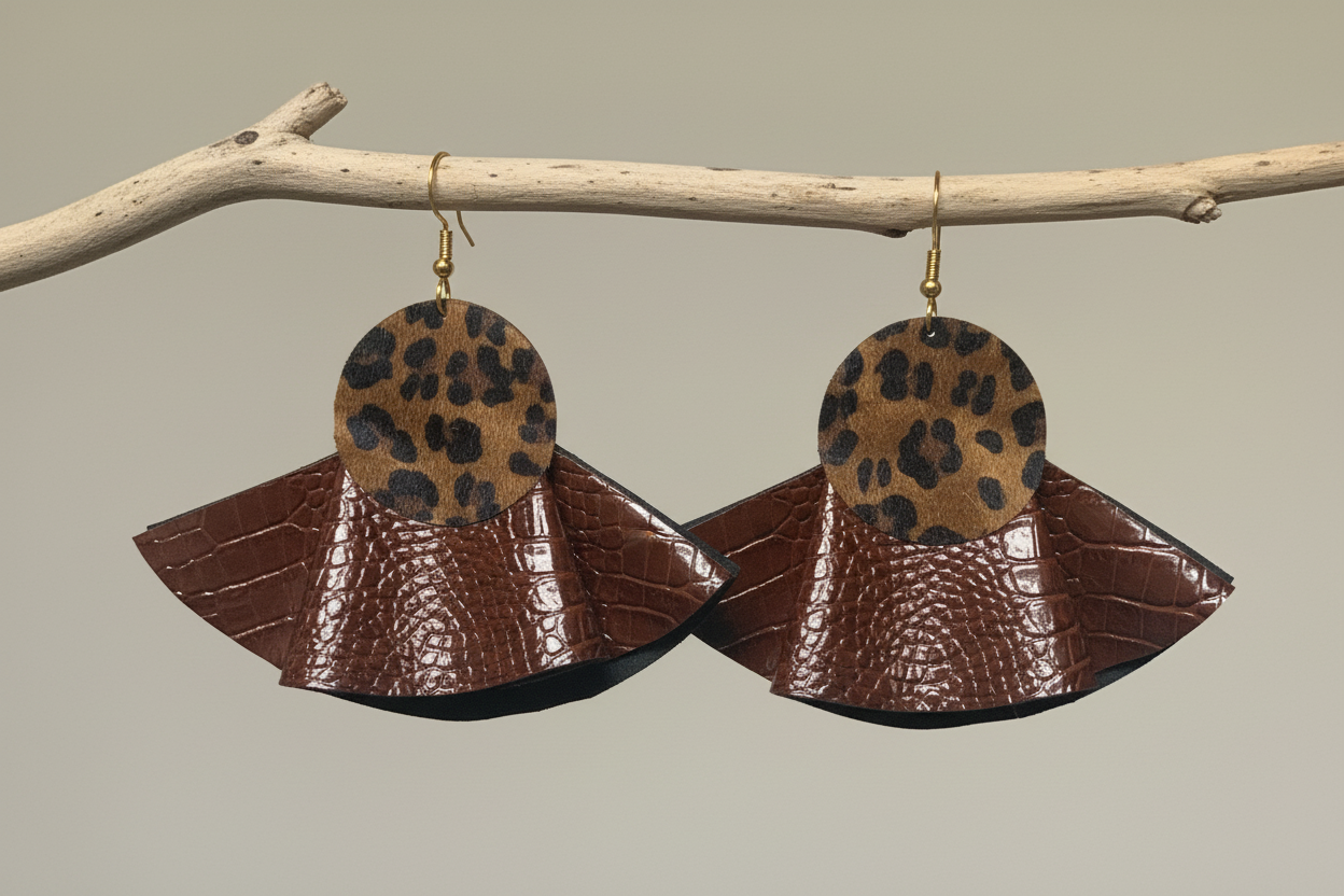 Brown Snake Print Ruffle Earrings: Upcycle Leather Vegan Big Earrings