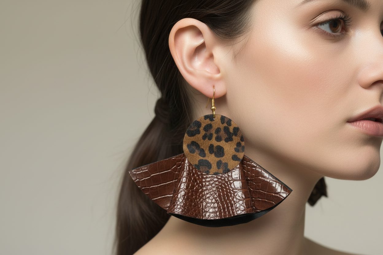 Brown Snake Print Ruffle Earrings: Upcycle Leather Vegan Big Earrings