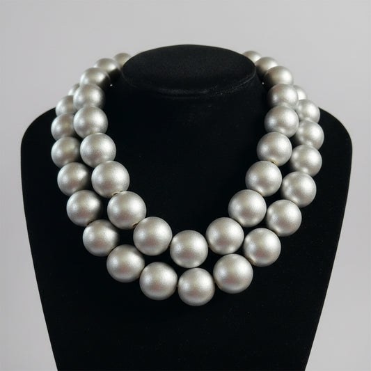 Silver Wood Beaded Necklace: Chunky Statement Jewelry, Gift for Women