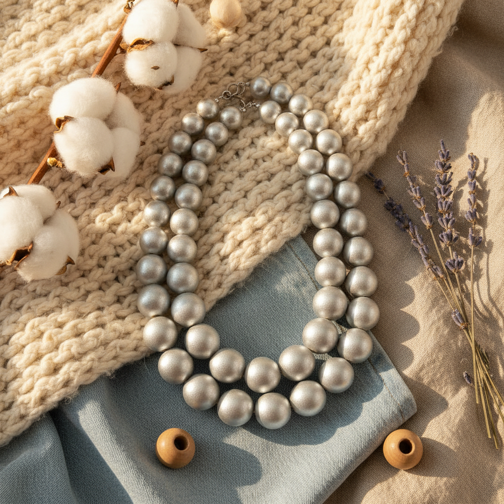 Silver Wood Beaded Necklace: Chunky Statement Jewelry, Gift for Women