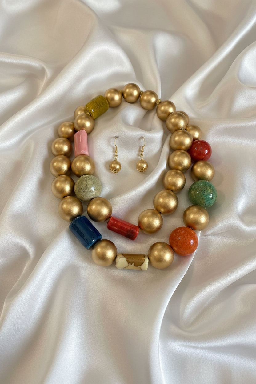 Colorful Chunky Gold and Ceramic Beaded Jewelry – Bold Boho Necklace