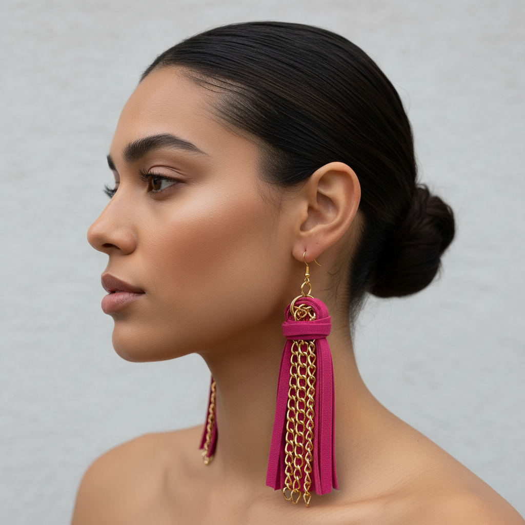 Suede Tassel Chain Earrings | Long Dangle Statement Earrings | Boho Fringe Earrings | Lightweight Bold Earrings | Handmade Jewelry