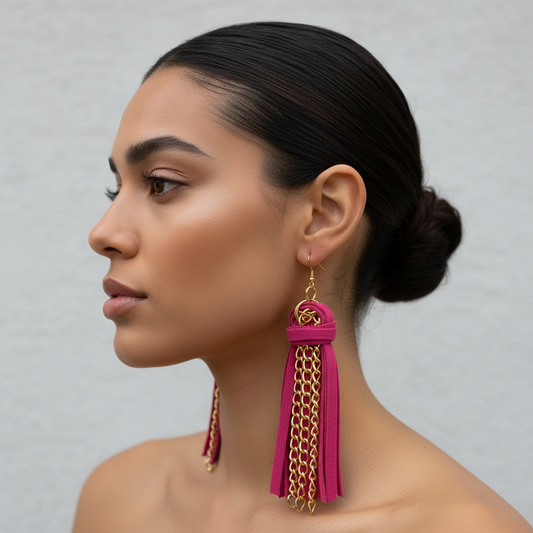 Suede Tassel Chain Earrings | Long Dangle Statement Earrings | Boho Fringe Earrings | Lightweight Bold Earrings | Handmade Jewelry