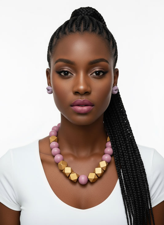 Purple and Gold Wood Necklace- Long Chunky Fashion Jewelry