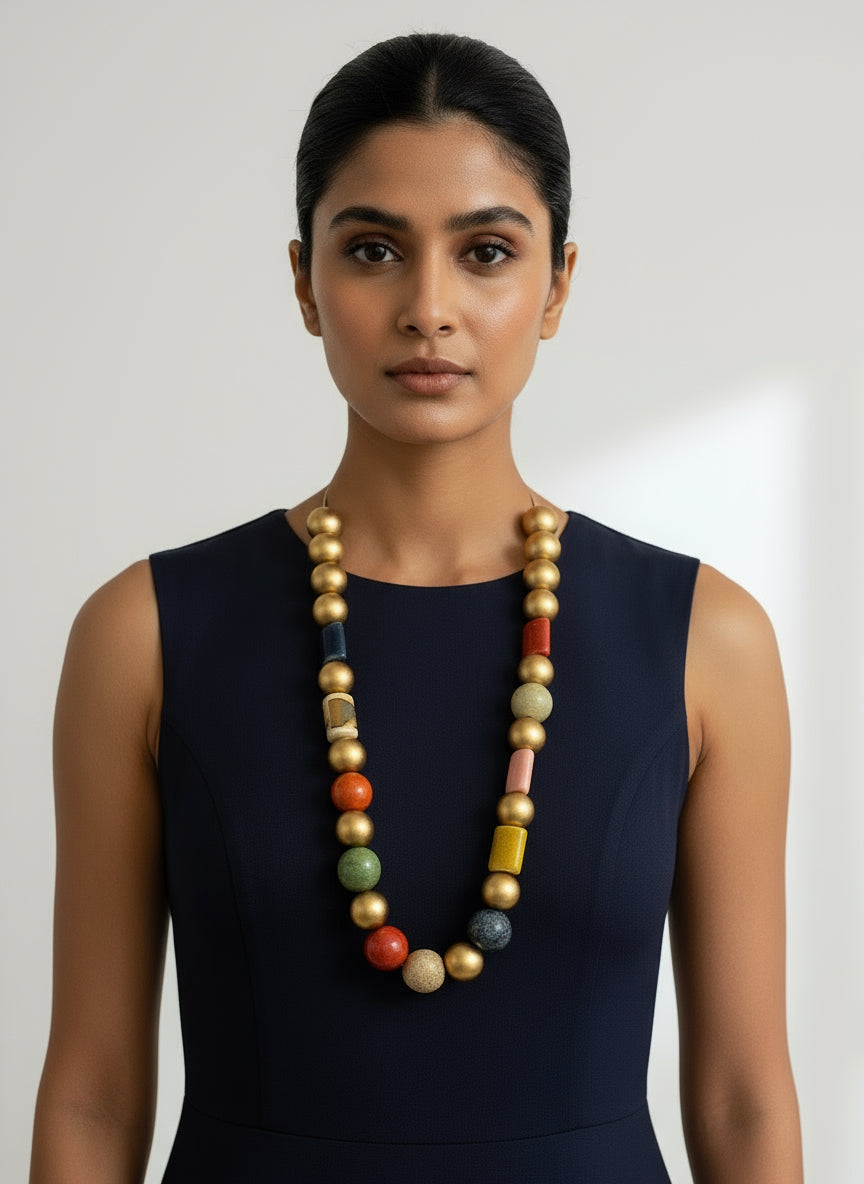 Colorful Chunky Gold and Ceramic Beaded Jewelry – Bold Boho Necklace