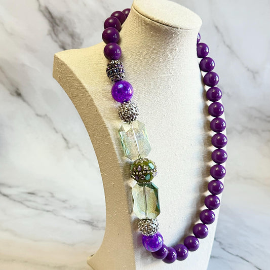 Handmade Purple Crystal Beaded Statement Necklace – Chunky Long Jewelry Gift for Her