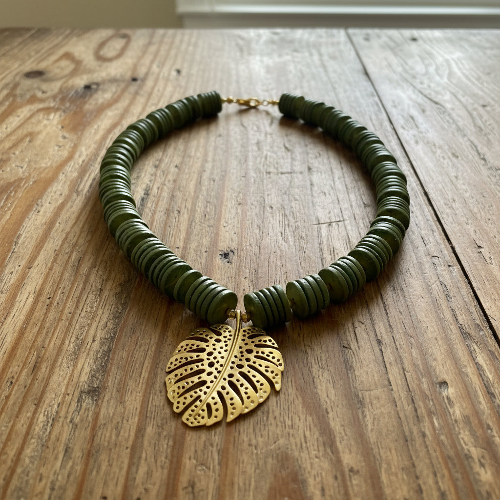 Green Coconut Shell Necklace: Chunky Wood Beads, Matte Gold Pendant