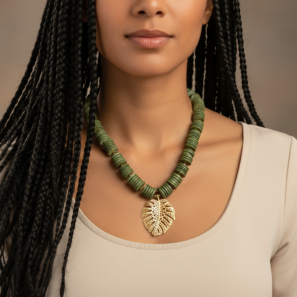 Green Coconut Shell Necklace: Chunky Wood Beads, Matte Gold Pendant