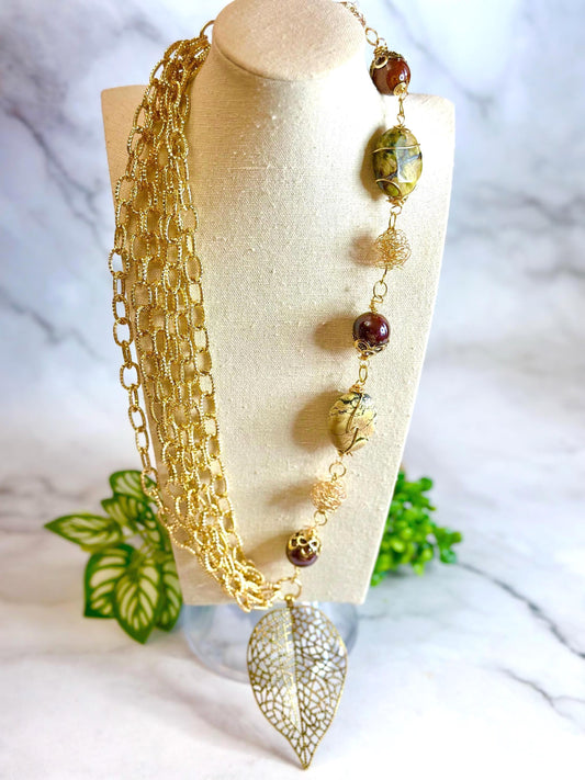 Gold Chain Link Leaf Pendant Statement Necklace Fashionable Necklace Gift Handmade Jewelry Unique Design Necklace Mothers Day Spring