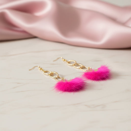 Faux Fur Dangle Earrings: Pink White and Gold Jewelry