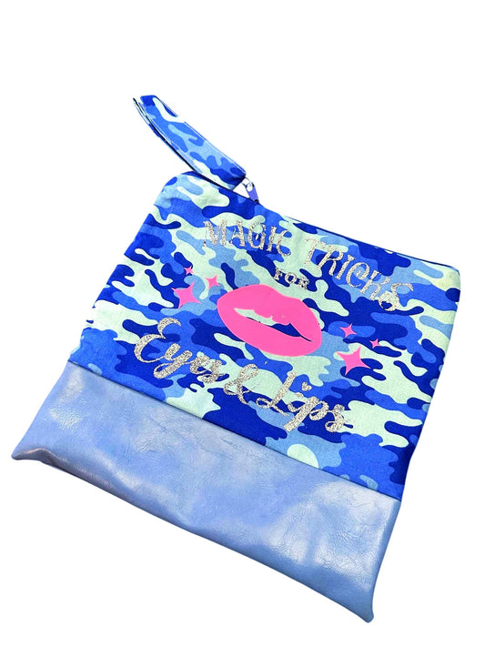 Blue Camo Makeup Bag, Oversized Clutch, Makeup Bag, Makeup Pouch, Travel Bag, Clutch, Wristlet, Gift for Her, Christmas Gift, Fashion Bags