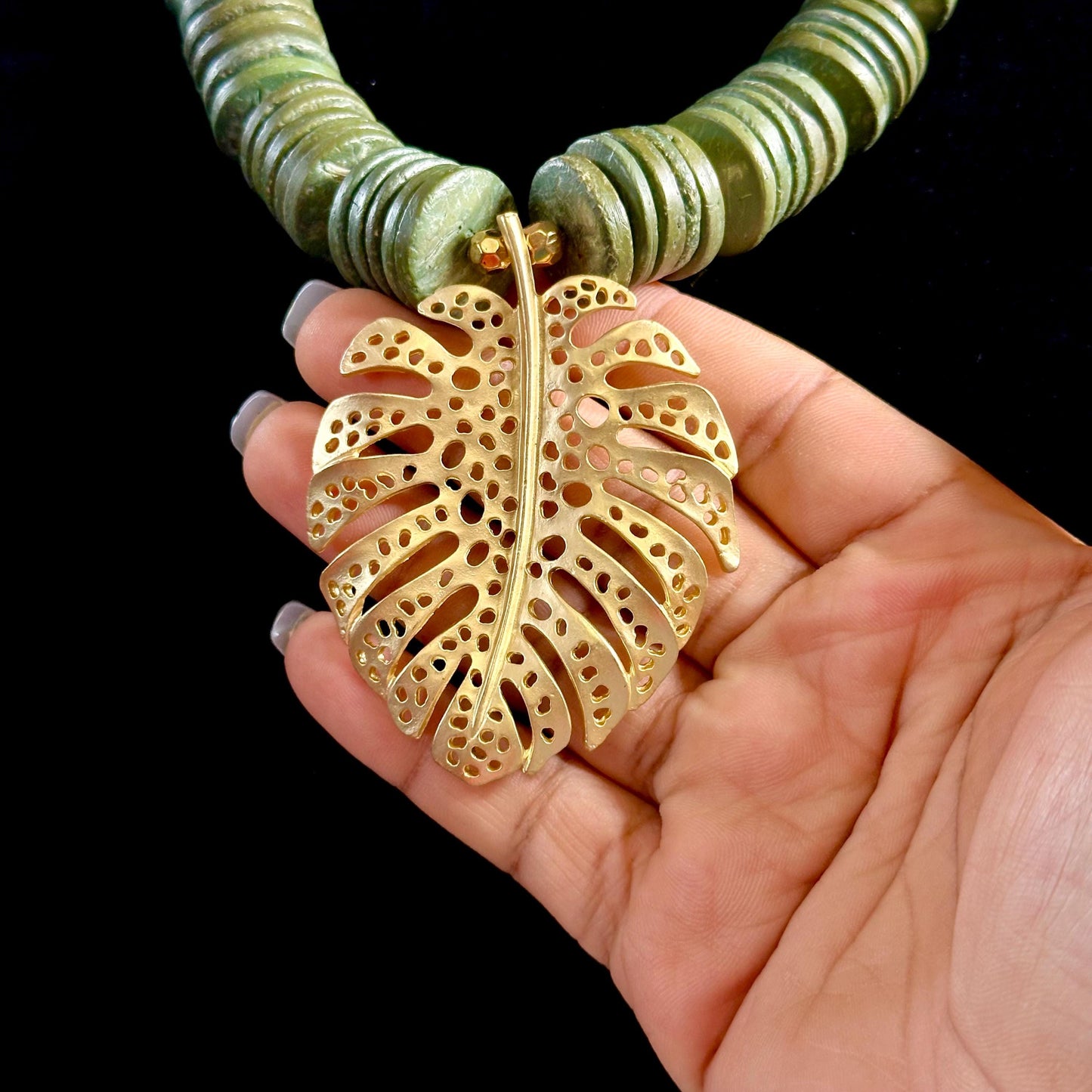 Green Coconut Shell Necklace: Chunky Wood Beads, Matte Gold Pendant