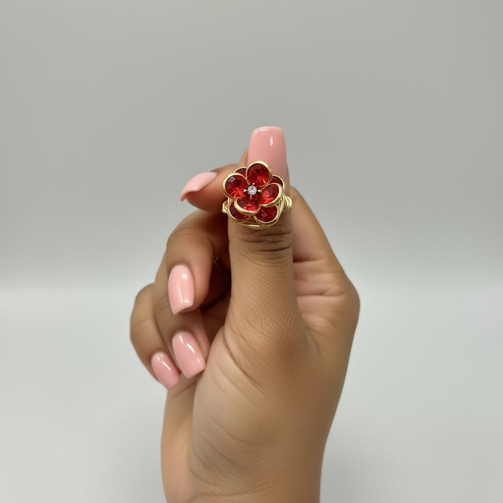 Red Glass Flower Wire Wrapped Ring – Handmade Fixed Size Statement Ring