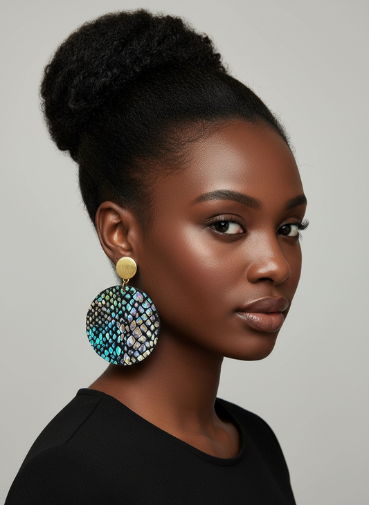 Holographic Snakeskin Statement Earrings: Iridescent Wood and Leather Jewelry