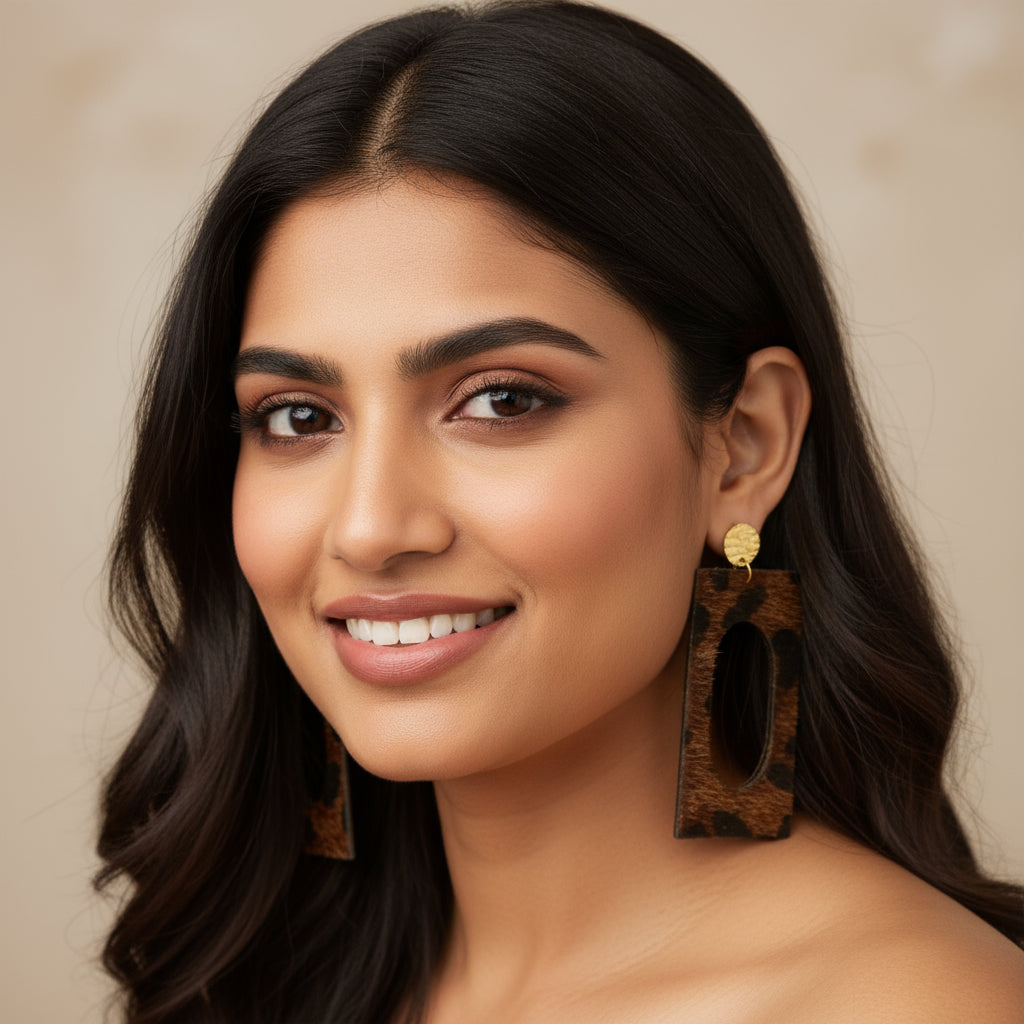 Brown Leopard Print Fur Earrings: Gold Wood Jewelry for Her