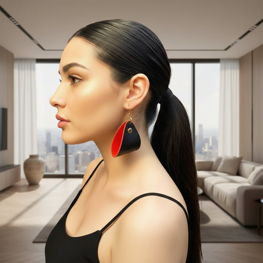 Black and Red Statement Faux Leather Earrings:  Unique Dangle Jewelry