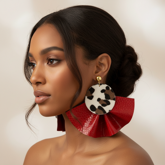Leopard Suede and Red Croc Ruffle Leather Earrings - Stud Closure
