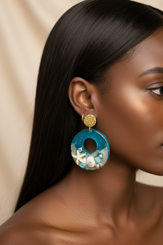 Blue Beach Themed Earrings: Seashell Vacation Statememt Jewelry