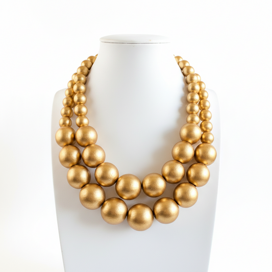 Gold Wooden Statement Necklace – Chunky Beaded Choker – Handmade Multi-Strand Jewelry – Boho Gift for Her