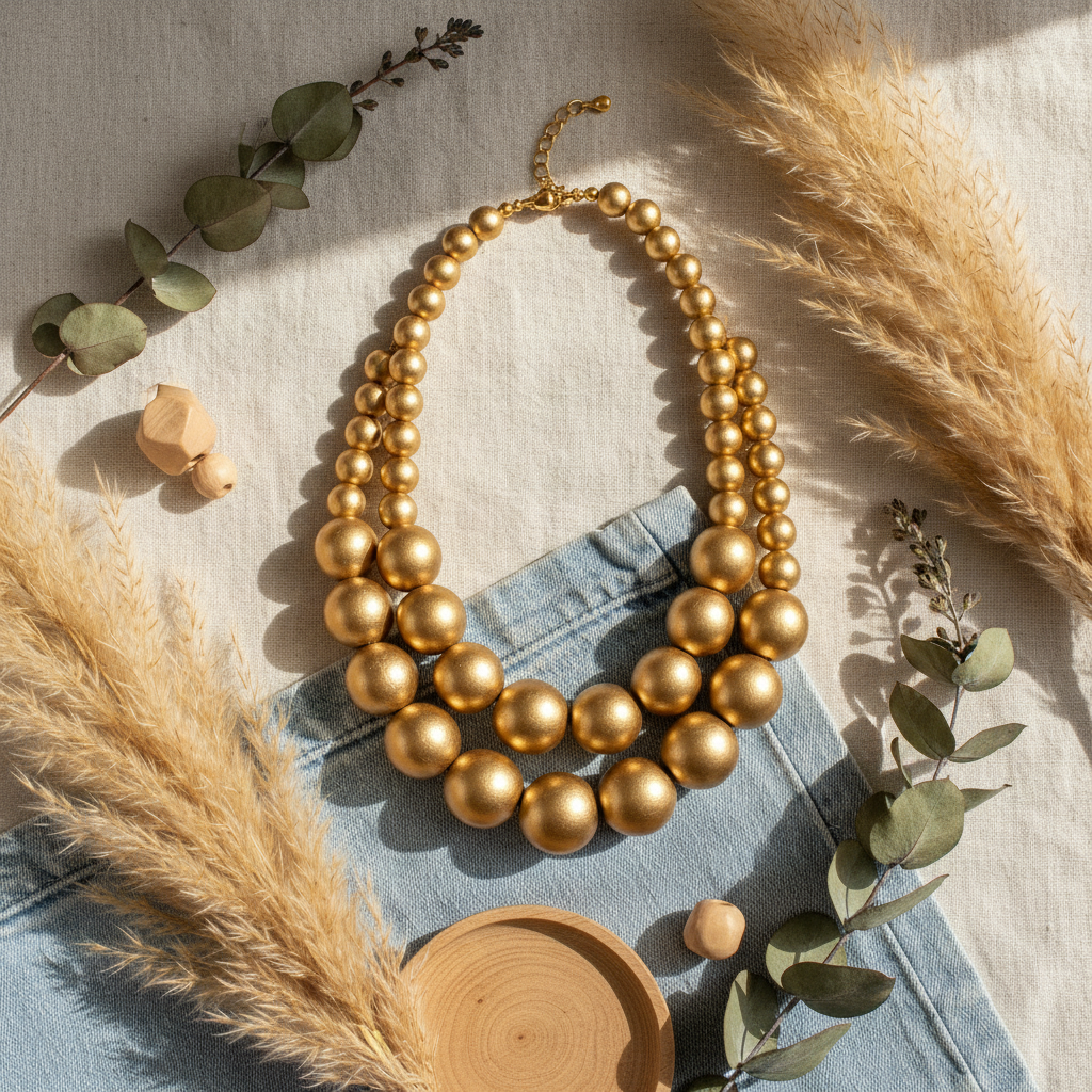 Gold Wood Multi-strand Necklace Set - Lightweight Statement Jewelry for Women