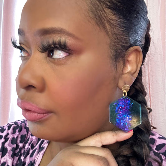 Ocean Galaxy Hexagon Resin Earrings – Blue & Purple Glitter Statement Earrings with Gold Studs | Handmade by DesignedByRisha