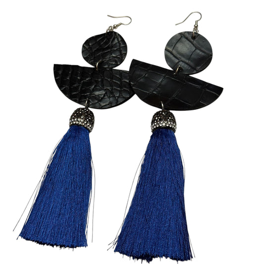 Embossed Blue Faux Leather Tassel Earrings | Dangle Statement Earrings | Lightweight Bold Earrings | Boho Fashion Jewelry for Women