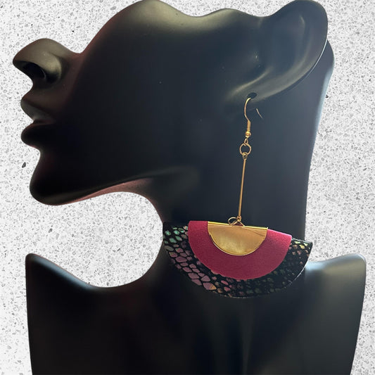 Gold Pink Embossed Leather Earrings, Black Statement Earrings, Handmade Fashion Jewelry, Trendy Summer Earrings, Leather Gift for Her