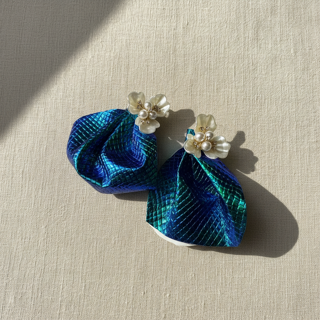 Blue Green Faux Leather Earrings: Metallic Dangle, Mermaid Jewelry