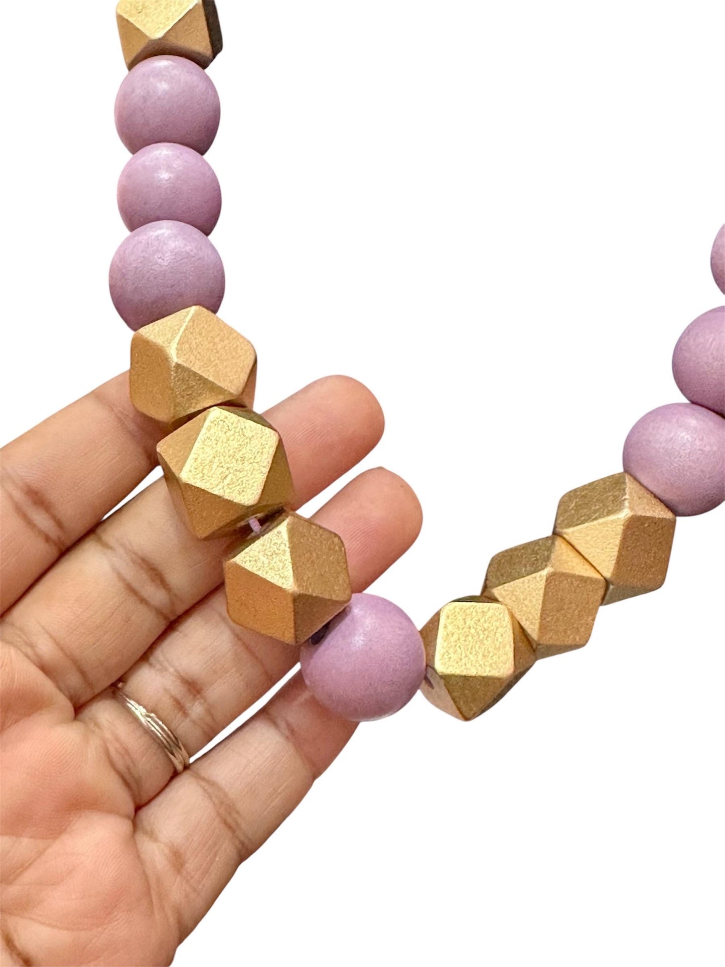 Purple and Gold Wood Necklace- Long Chunky Fashion Jewelry