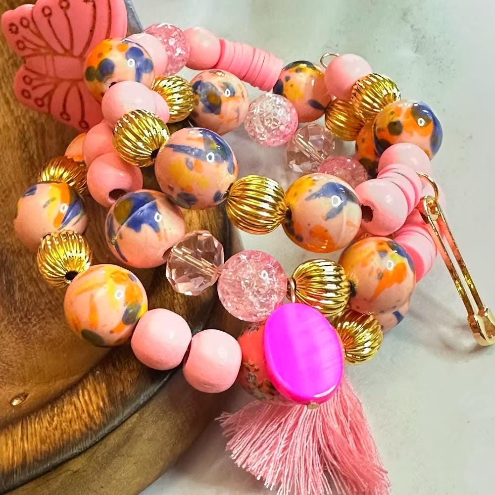 Pink Gold  Wrapped Bracelets: Stacked with Tassels, Butterfly Gold Pin Charms