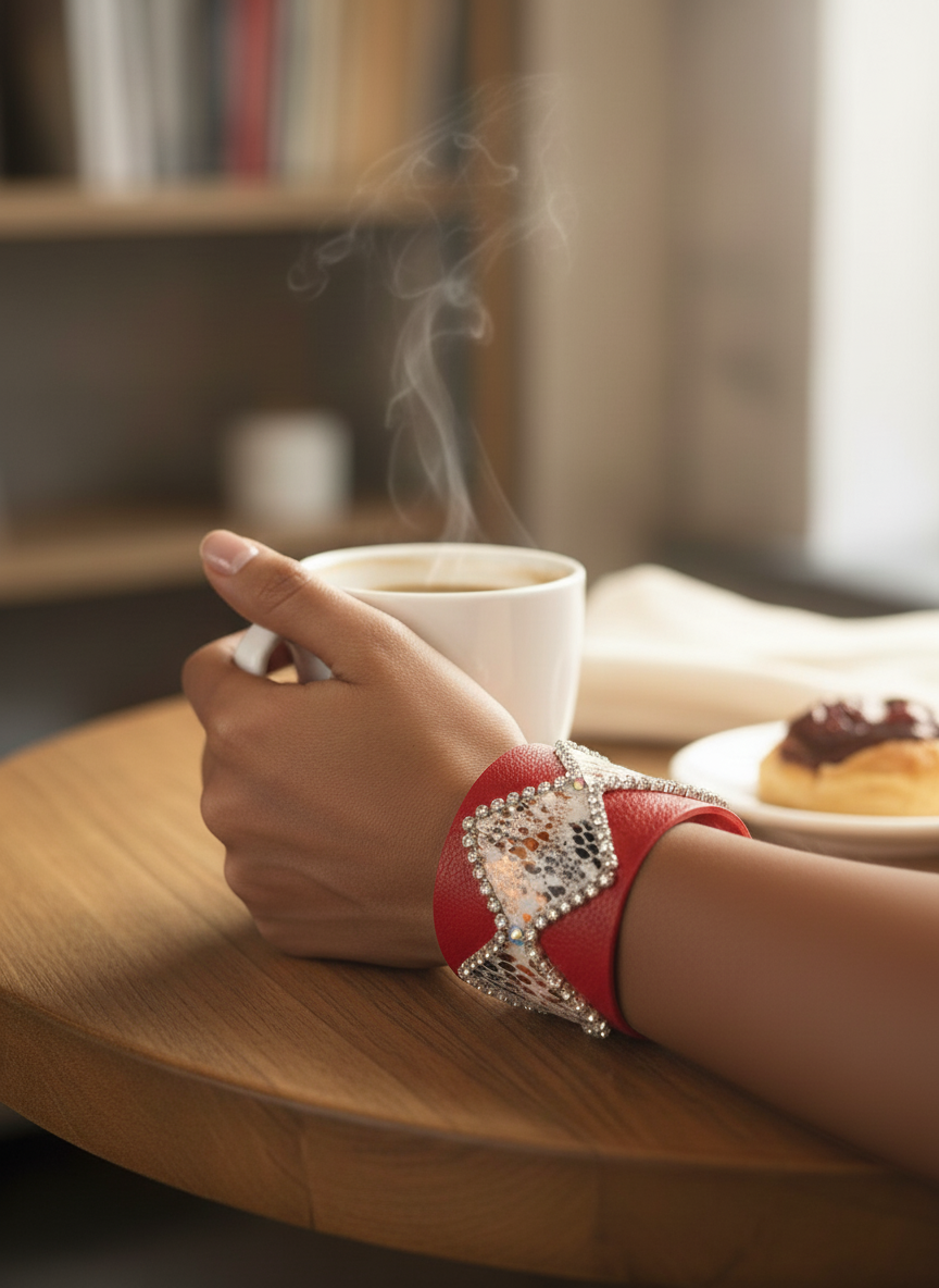 Red Snake Print Embellished Faux Leather Cuff Bracelet