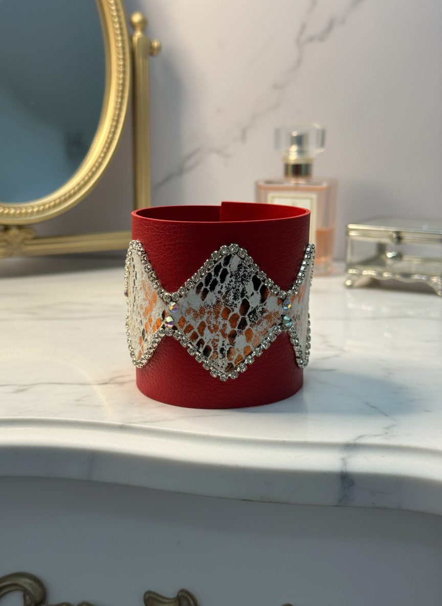 Red Snake Print Embellished Faux Leather Cuff Bracelet