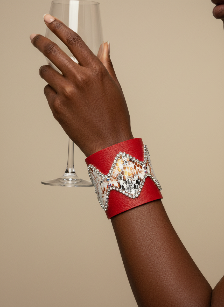 Red Snake Print Embellished Faux Leather Cuff Bracelet