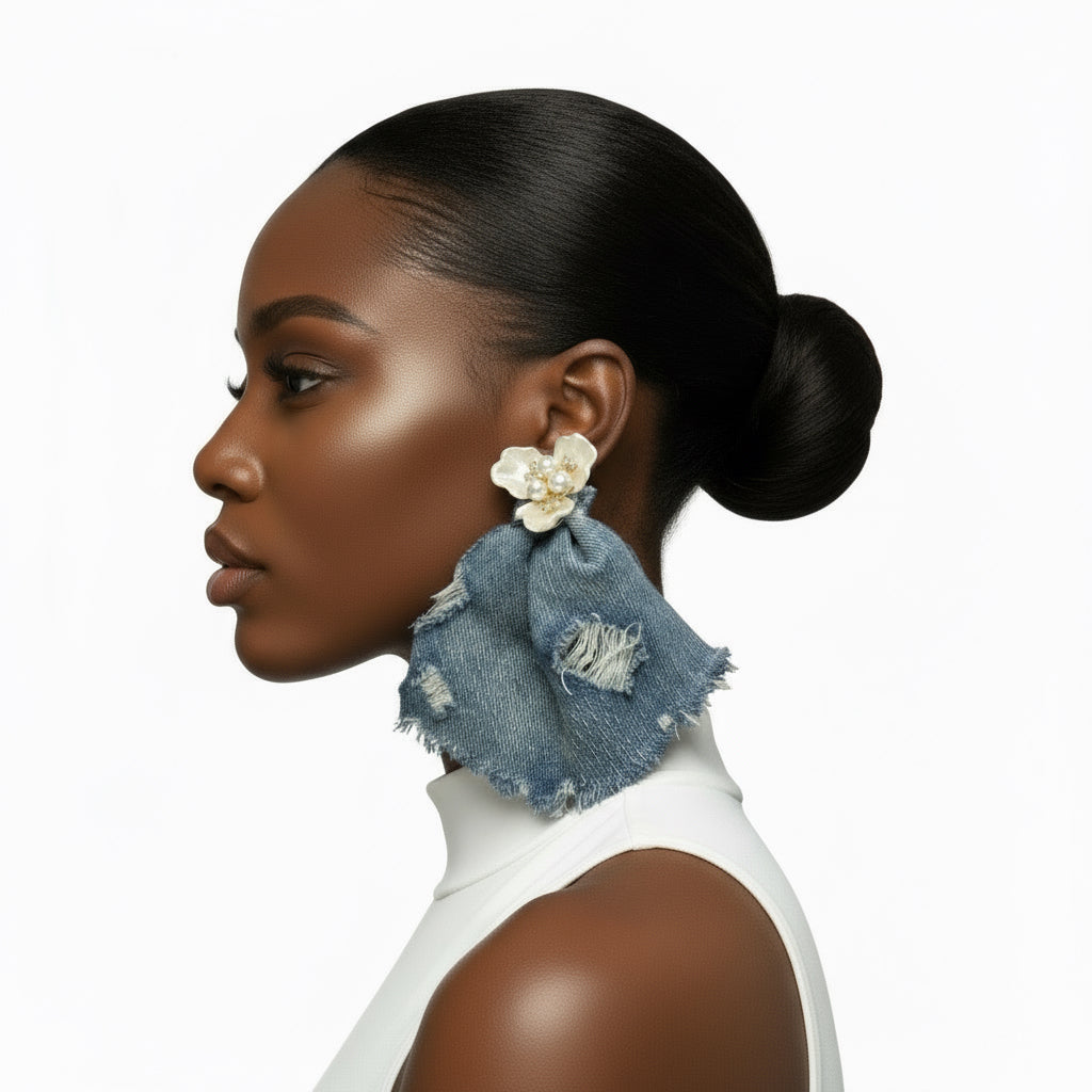 Boho Blue Destroyed Denim Jean Pearl Floral Earrings - Bold Oversized Statement Jewelry for Women