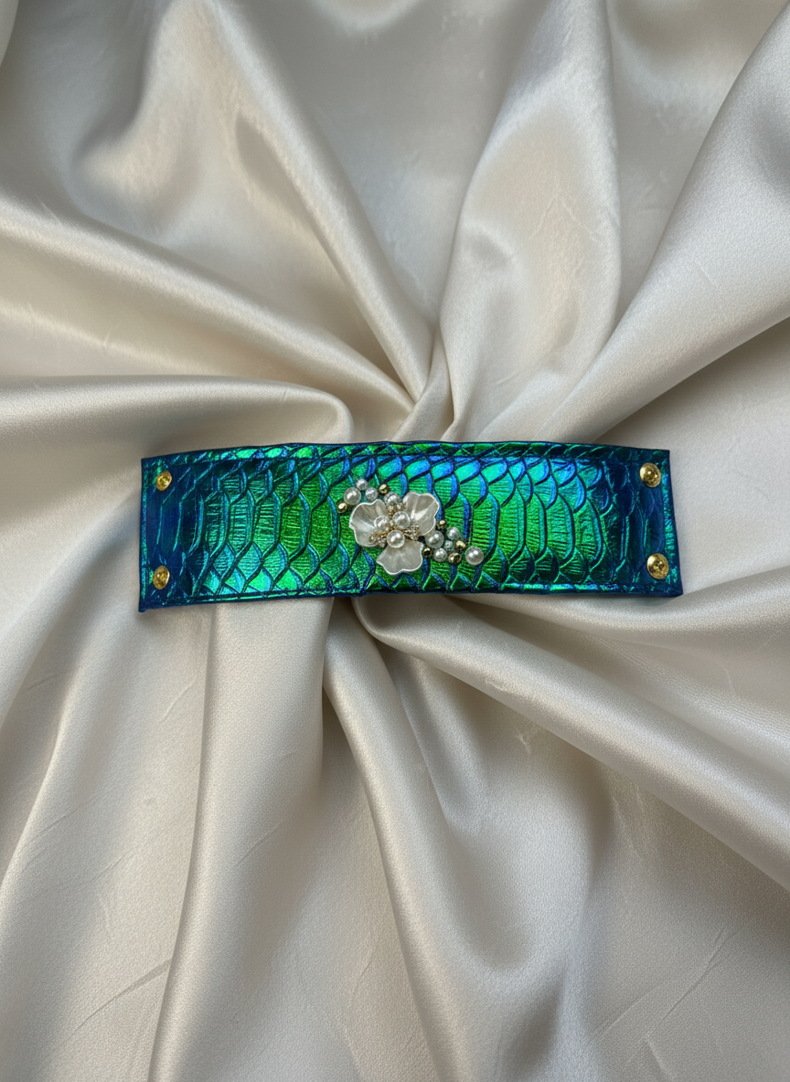 Iridescent Pearl Flower Cuff , Wide Leather Jewelry,  Bridal Couture Wrist Bracelet , Gift for Her