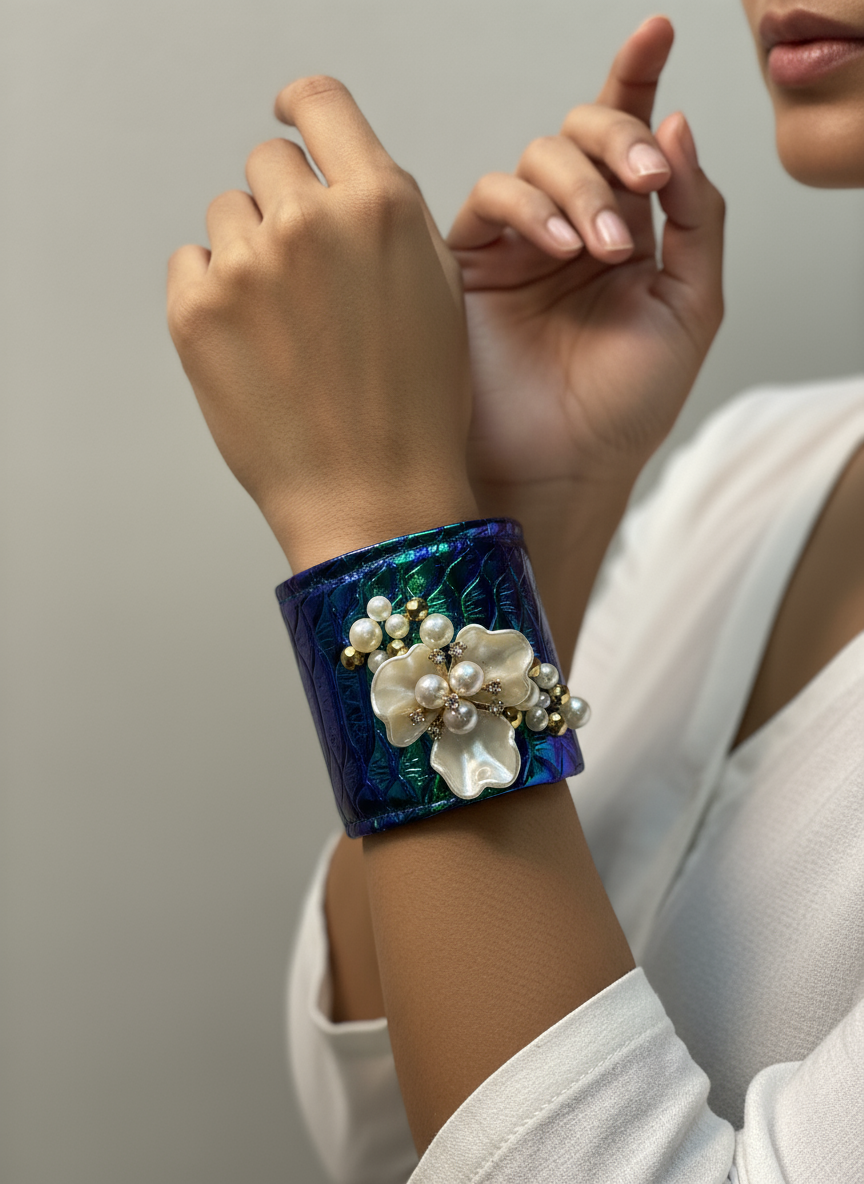 Iridescent Pearl Flower Cuff , Wide Leather Jewelry,  Bridal Couture Wrist Bracelet , Gift for Her