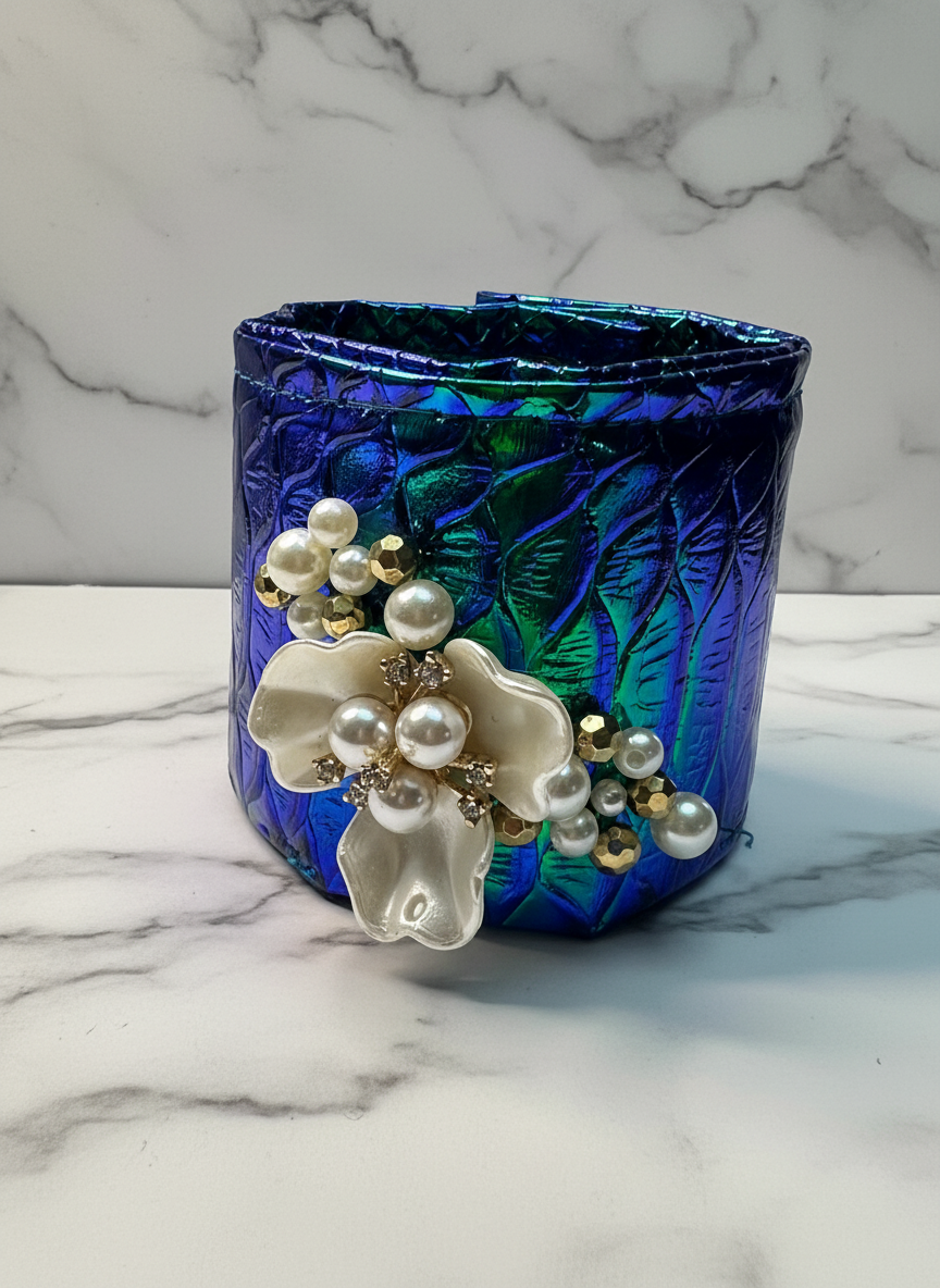 Iridescent Pearl Flower Cuff , Wide Leather Jewelry,  Bridal Couture Wrist Bracelet , Gift for Her