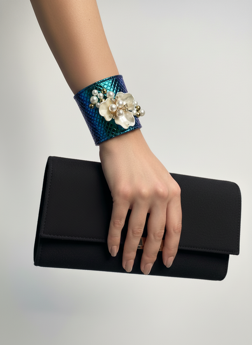 Iridescent Pearl Flower Cuff , Wide Leather Jewelry,  Bridal Couture Wrist Bracelet , Gift for Her
