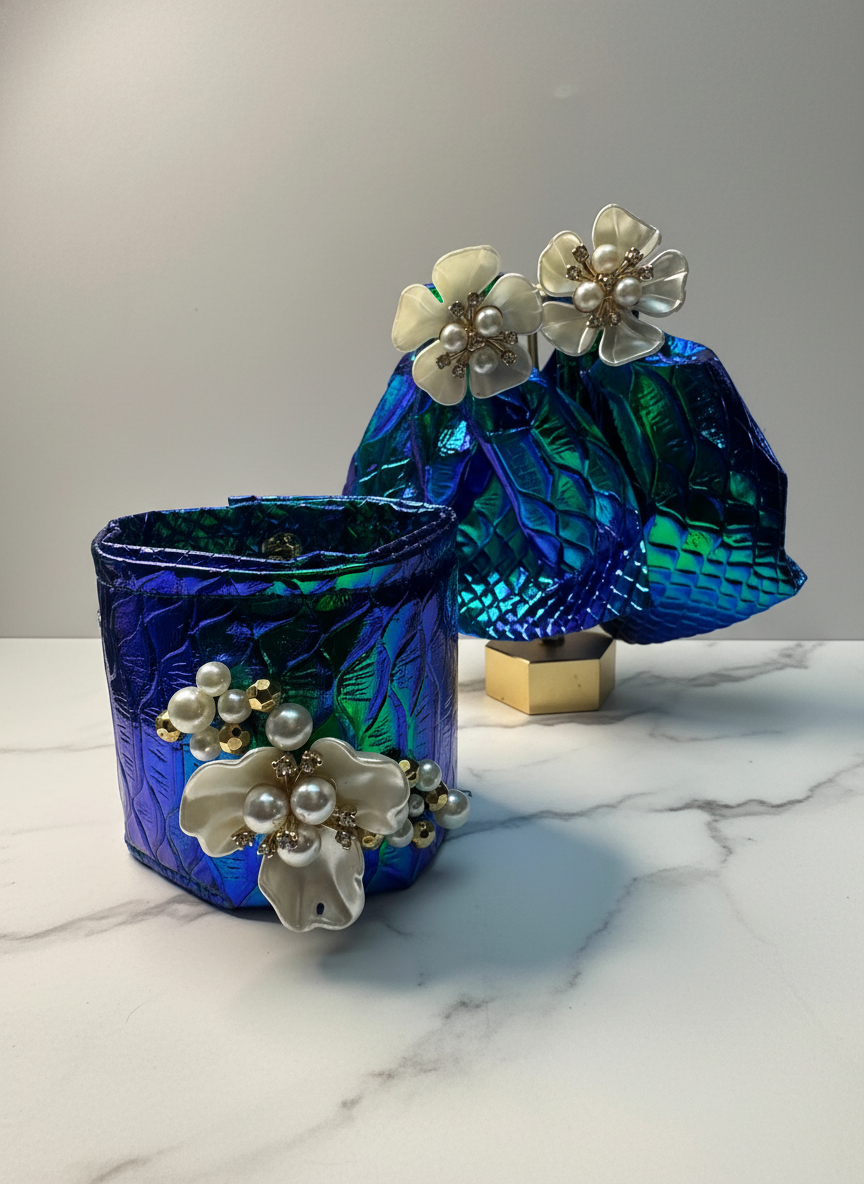 Iridescent Pearl Flower Cuff , Wide Leather Jewelry,  Bridal Couture Wrist Bracelet , Gift for Her