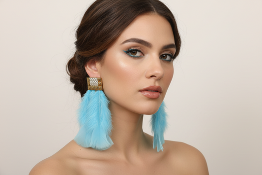 Blue Feather Earrings, Gold Stud Boho Statement, Lightweight Bridal Jewelry Gift for Her