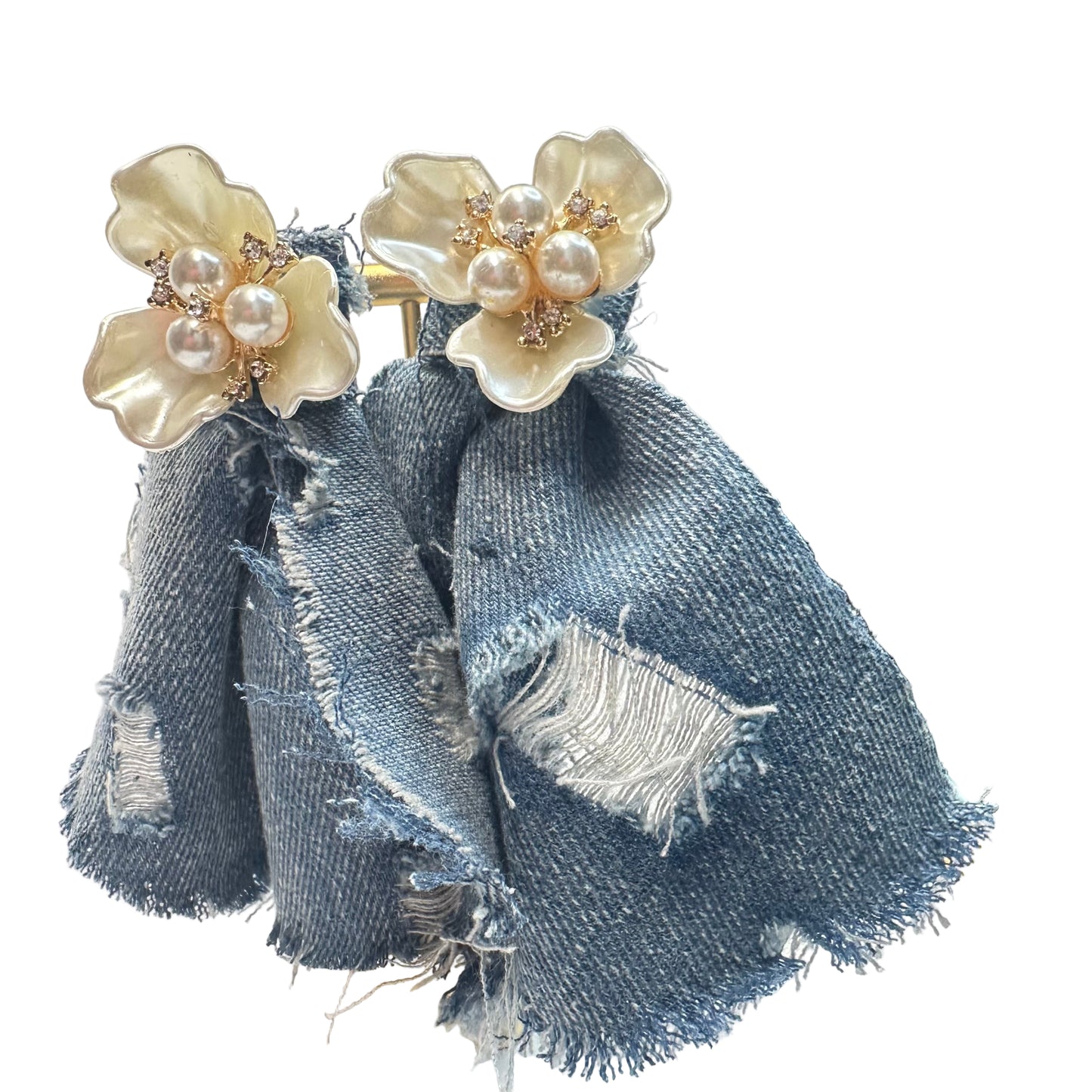 Boho Blue Destroyed Denim Jean Pearl Floral Earrings - Bold Oversized Statement Jewelry for Women