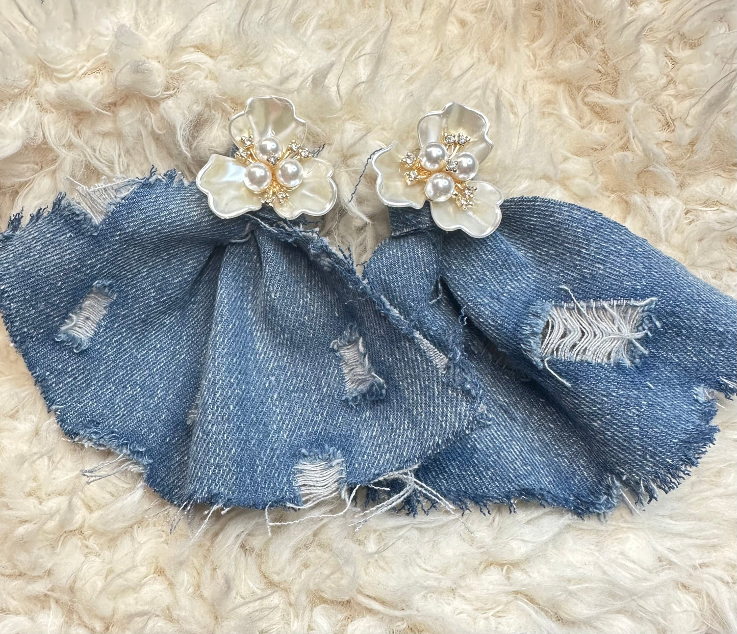 Boho Blue Destroyed Denim Jean Pearl Floral Earrings - Bold Oversized Statement Jewelry for Women