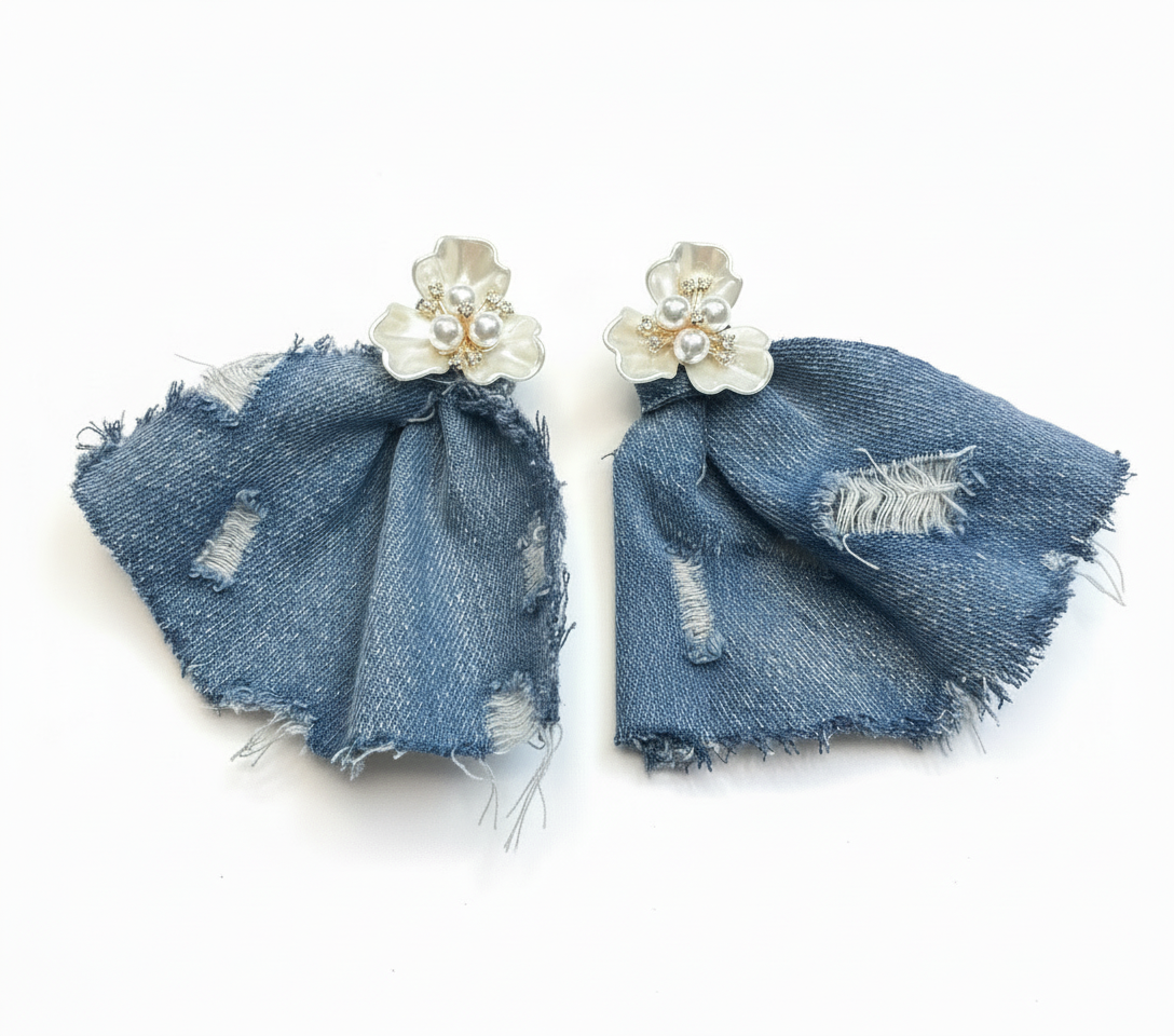 Boho Blue Destroyed Denim Jean Pearl Floral Earrings - Bold Oversized Statement Jewelry for Women