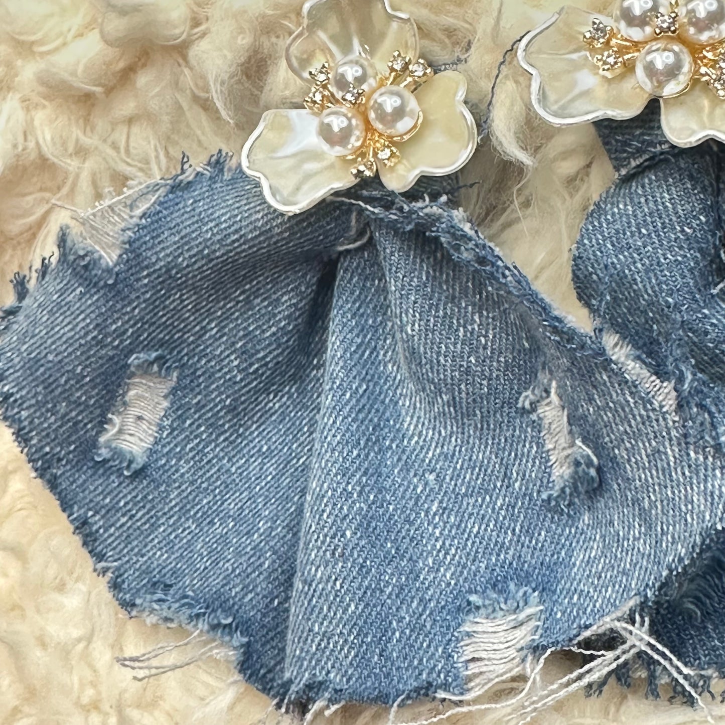 Boho Blue Destroyed Denim Jean Pearl Floral Earrings - Bold Oversized Statement Jewelry for Women
