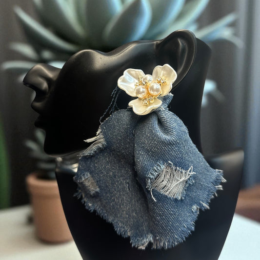 Boho Blue Destroyed Denim Jean Pearl Floral Earrings - Bold Oversized Statement Jewelry for Women
