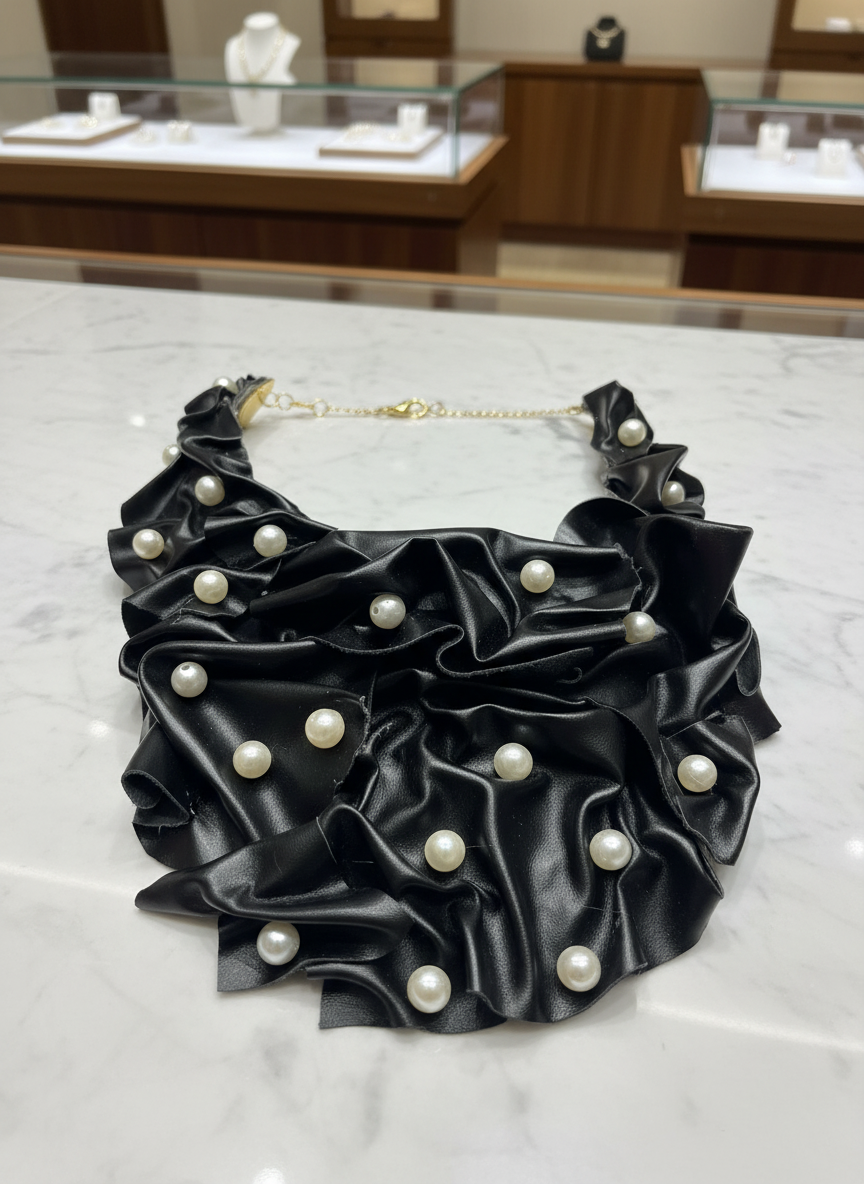 Black Leather Pearl Embellished Bib Necklace Statement Fashion Necklace for Women