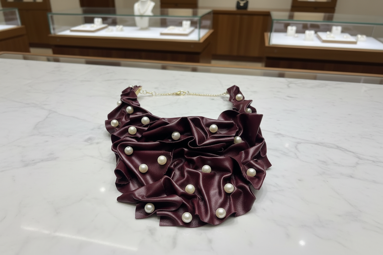 Black Leather Pearl Embellished Bib Necklace Statement Fashion Necklace for Women
