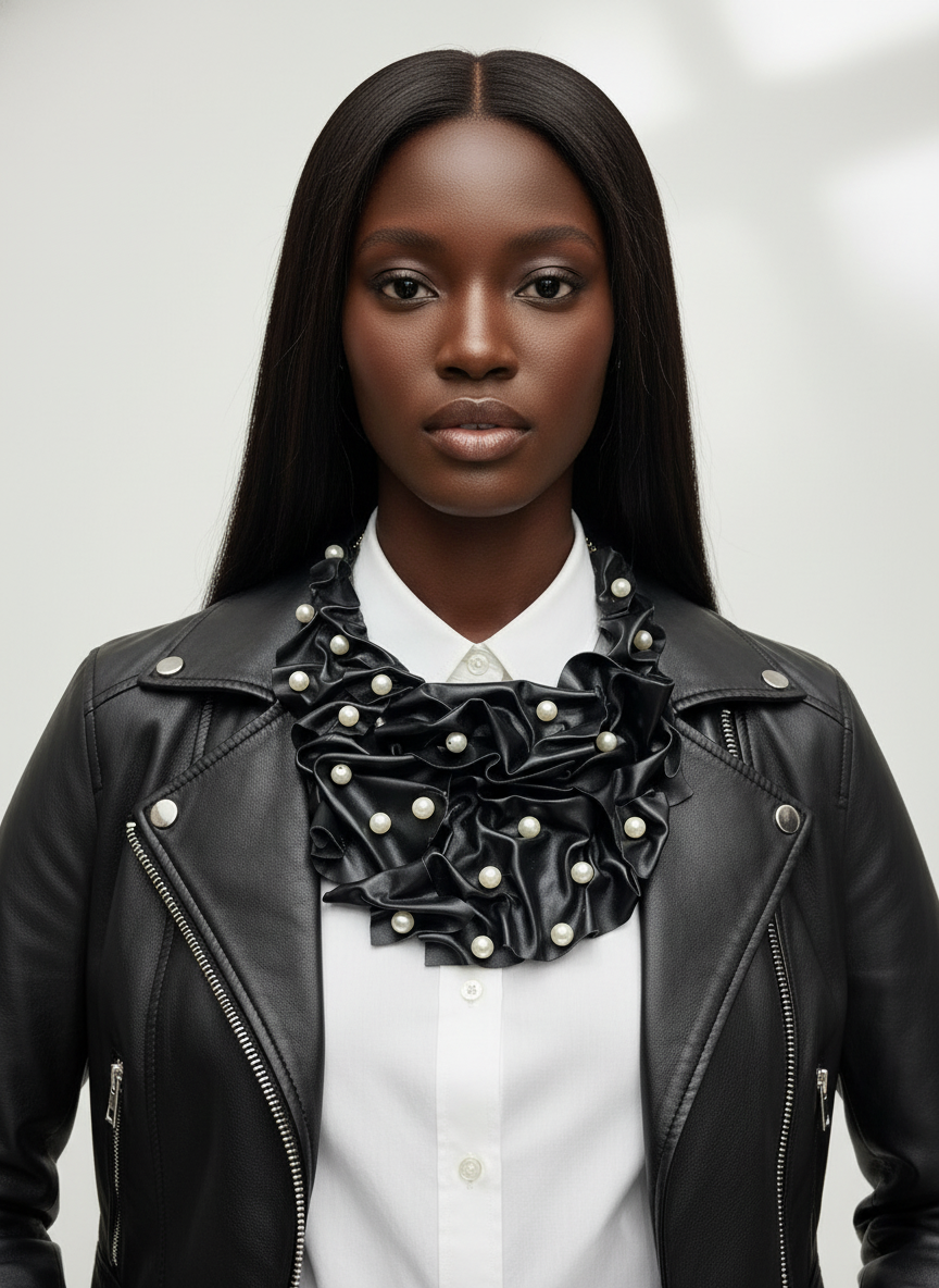 Black Leather Pearl Embellished Bib Necklace Statement Fashion Necklace for Women